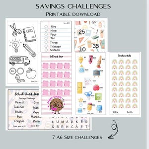 Könnte beinhalten: Ein druckbares "Back to School Savings Challenges" Blatt mit Illustrationen zum Thema Schule. Enthält einen Bus, einen Apfel und Schulmaterial. Enthält Text wie "Printable Download" und "7 A6 Size Challenges."