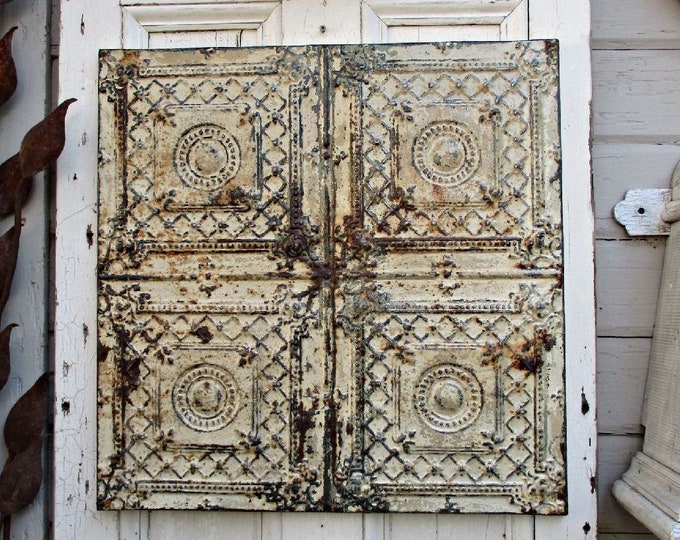 Architectural Salvage Wall Art, Rustic Tin Ceiling Tile, Original Old Paint, Framed and Ready to