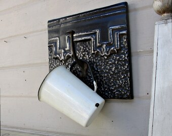 Bathroom towel hook, Key or Cap Hook, Antique tin ceiling tile, Old pressed tin, Black coat hook, Vintage recycled