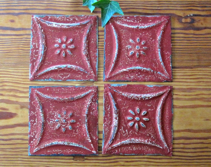 Four Tin Ceiling Tiles. Old Metal Tiles. Vintage Supplies. Unframed Remnants. Collage Art. Old