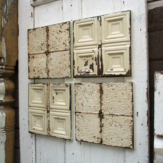 Tin Ceiling Tiles Set Of 4 Antique Architectural Salvage Art Old Original Paints Rustic Decor Shabby Dingy Off Whites