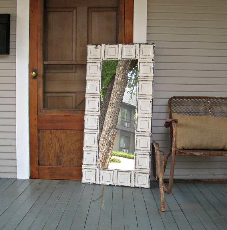 Tin Ceiling Tile Mirror 2x4 Bedroom Bathroom Wall Mirror Architectural Salvage Old Weathered Paint Rustic Shabby French Country Decor