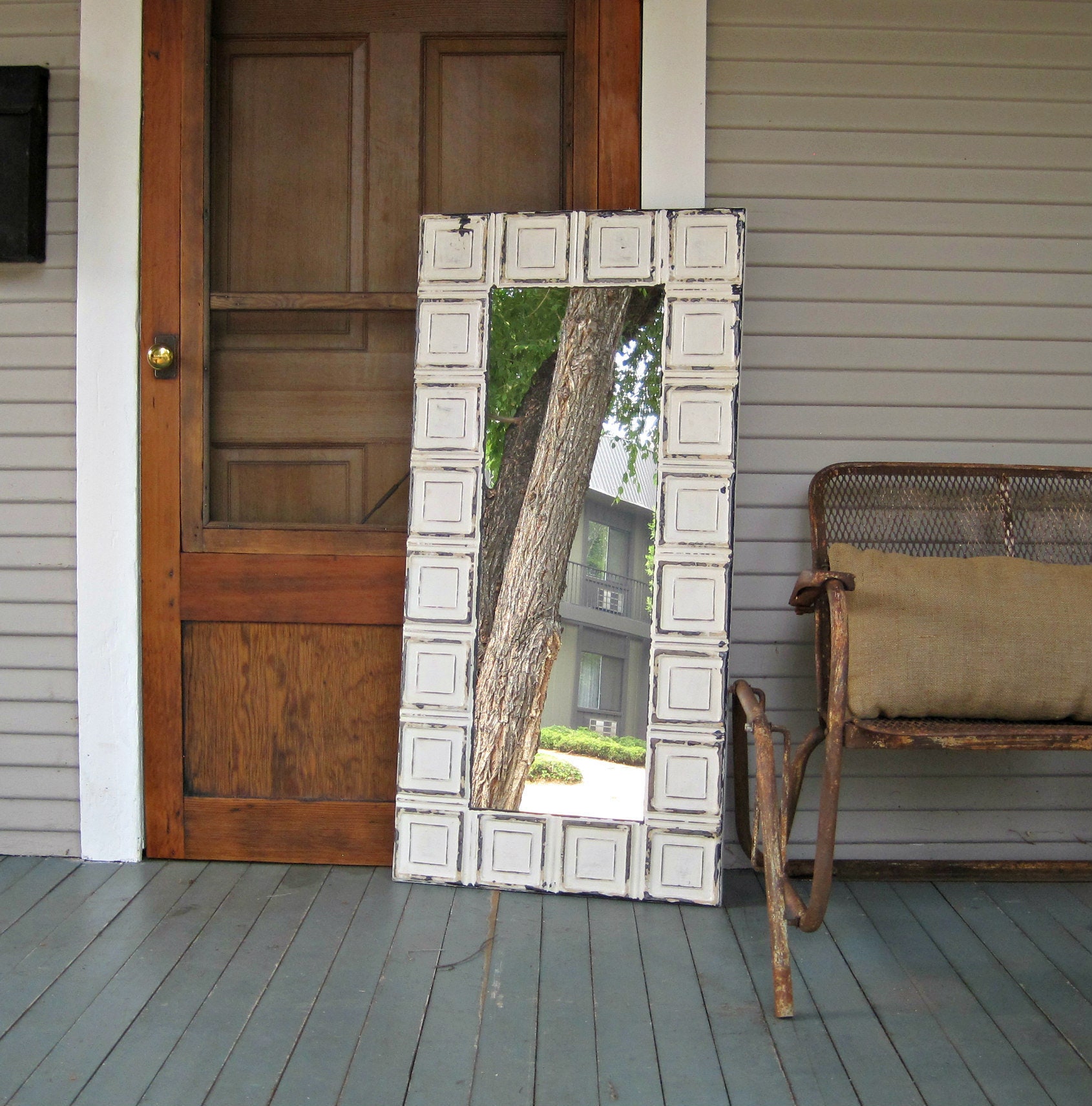 Tin Ceiling Tile Mirror 2x4 Bedroom Bathroom Wall Mirror Architectural Salvage Old Weathered Paint Rustic Shabby French Country Decor