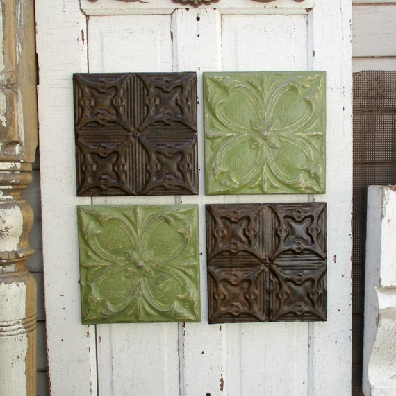 Tin Ceiling Tile Set Of 4 Framed And Ready To Hang Antique Architectural Salvage Green And Brown Wall Art Tin 10 Anniversary Gift