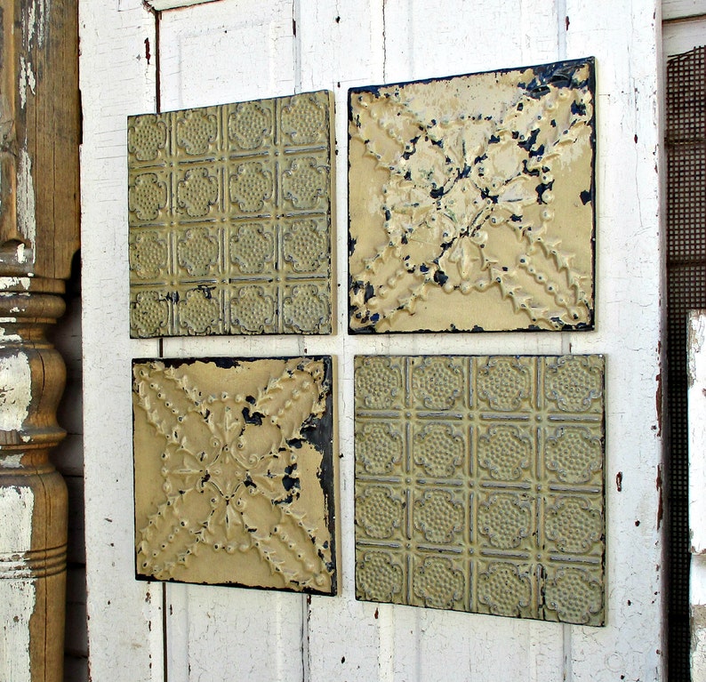 Tin Ceiling Tiles All 4 100 Year Old Paint Farmhouse Wall Rustic Decor Antique Architectural Salvage Metal Tiles Primitive Vintage