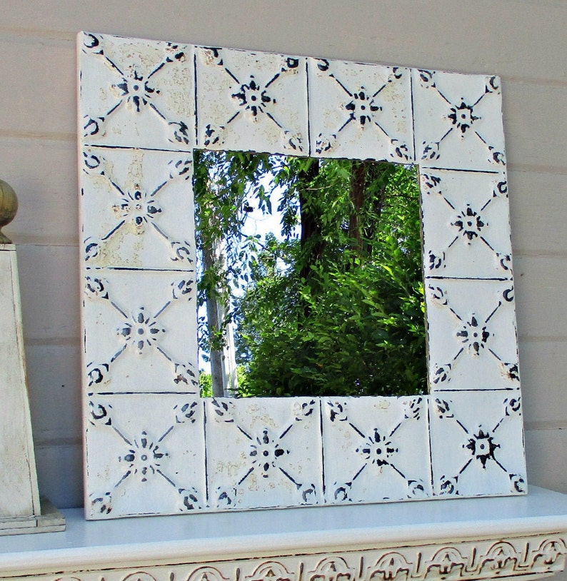 Ceiling Tin Tile Mirror 2 X2 Antique White Architectural Salvage Wall Decor Bathroom Bedroom Mirror French Country House White Decor