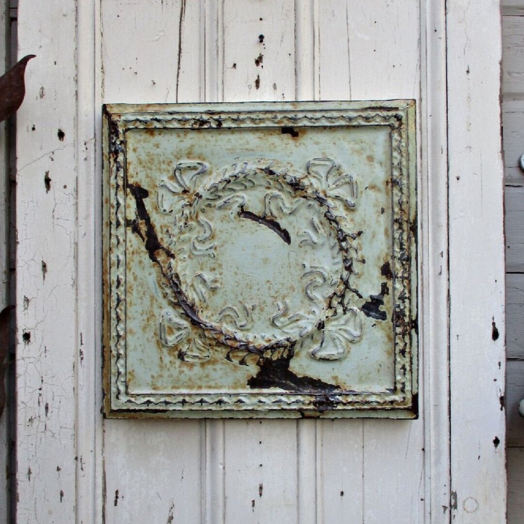 Architectural Salvage Wall Decor, 17 1/2, Ceiling Tin Tile, Chippy Old