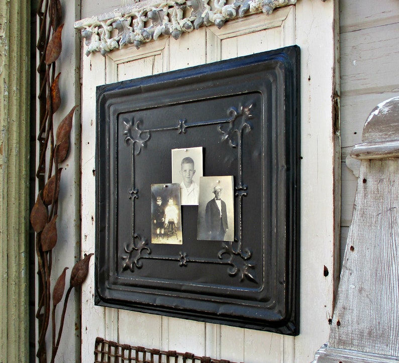 Tin Ceiling Tile Vintage Metal Wall Decor Antique Architectural Salvage 10th Anniversary Gift Office Decor Black Magnet Board