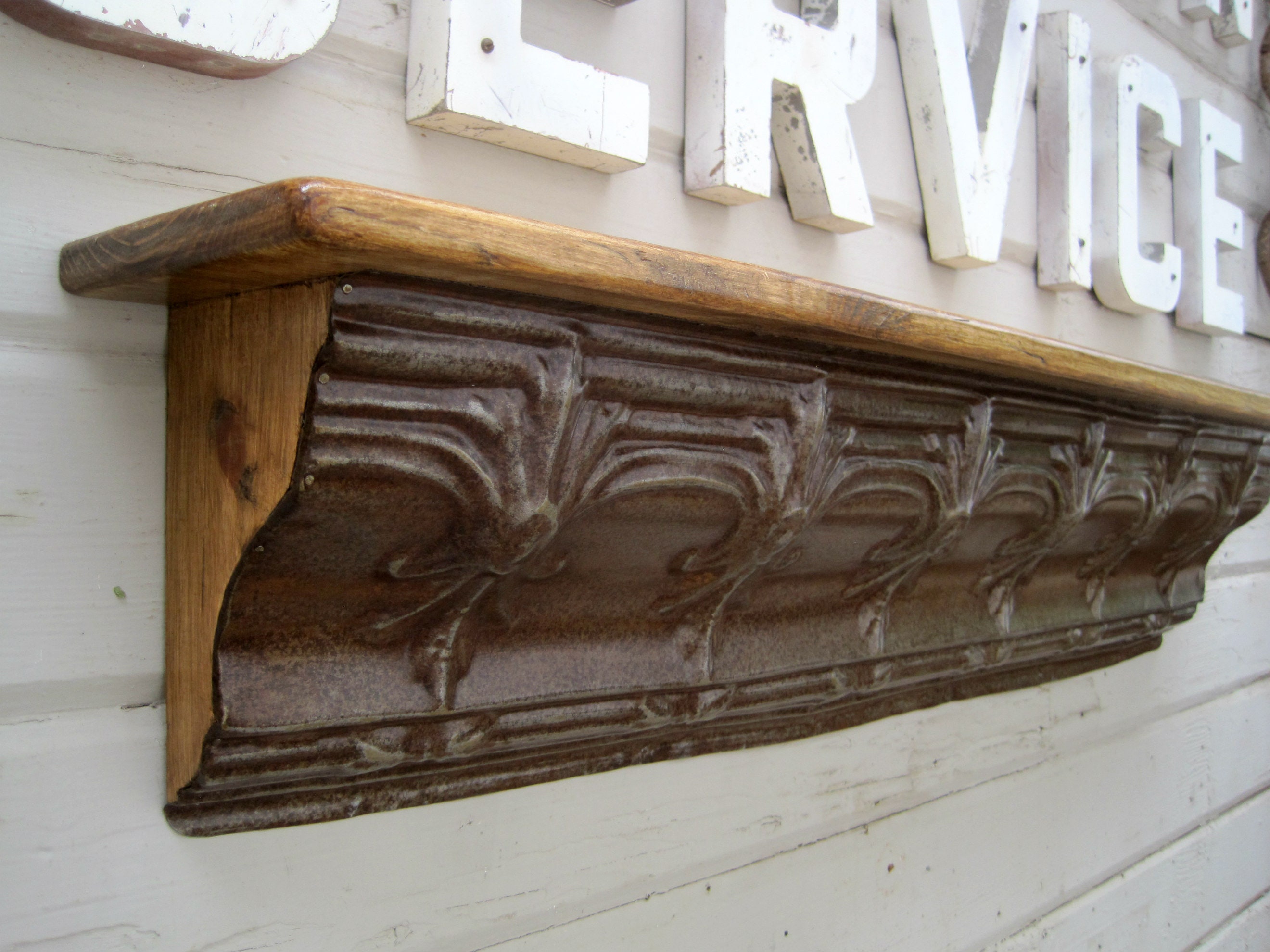 Antique Ceiling Tin Wall Shelf 41 Architectural Salvage Rustic Bathroom Kitchen Shelf Floating Vintage Shelf