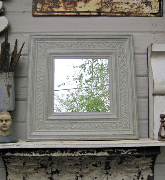 Tin Ceiling Tile Mirror Antique Architectural Salvage Gray Wall Bathroom Bedroom Entryway Wall Mirror Gray Farmhouse Decor
