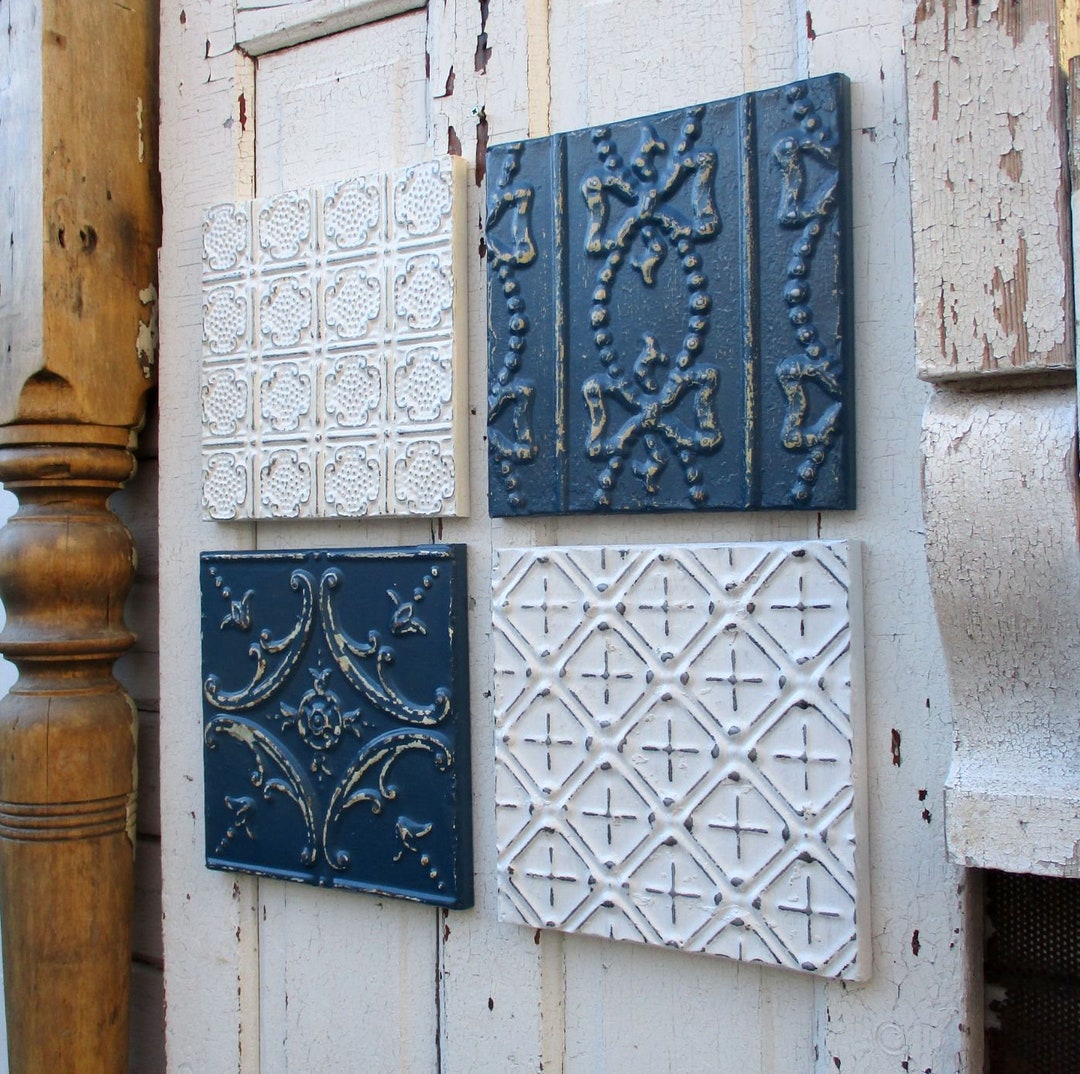 Antique Tin Ceiling Tiles, SET of 4, Dark Blue and White Wall Art Decor, Architectural Salvage