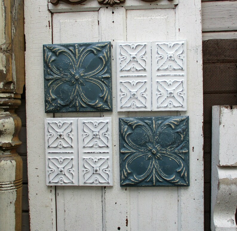 Tin Ceiling Tiles Set Of 4 Blue And White Wall Art Tin 10th Etsy