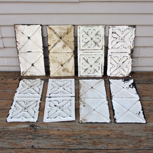 Tin ceiling tiles, 8 Old original remnant metal tiles, Vintage craft supply, Unframed, Antique architectural salvage.