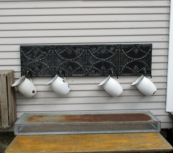 Antique Ceiling Tin Coat Hooks Towel Hook Wall Mount Hat Rack Black Furniture Architecture Salvage Recycled Wall Decor