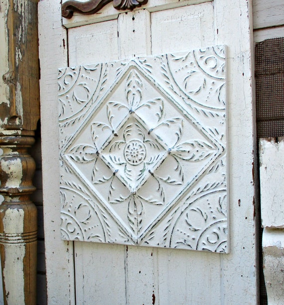 Tin Ceiling Tile 24 White Architectural Salvage White Pressed Tin Tile Framed Vintage Tin Panel Farmhouse White Wall