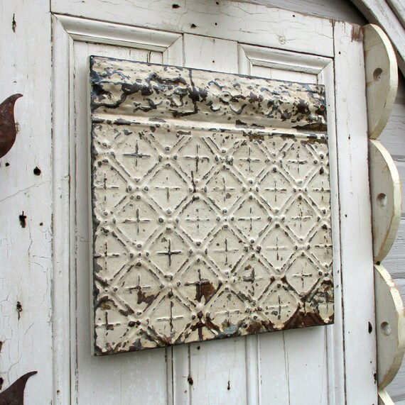 Antique Tin Ceiling Tile Panel 17 1 2 Framed Pressed Tin Tile Old Chippy Paint Architecture Salvage Primitive Rustic Wall Decor