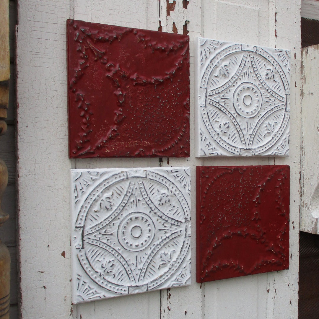 Antique Tin Ceiling Tiles, Set of 4, Architectural Salvage Art, Recycled Vintage Metal Tiles