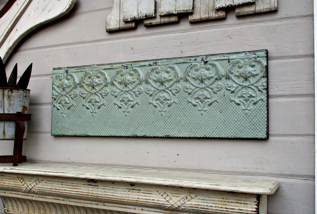 Antique Architectural Salvage Wall Art, 35 1/2, Old Ceiling Tin Tile, Rustic Beach Decor, Shabby