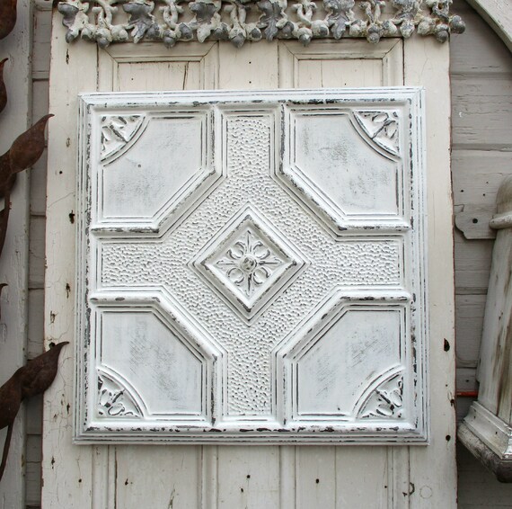 Antique Tin Ceiling Tile Framed 24 Ready To Hang Arkansas Architectural Salvage Metal Wall Art White Vintage Wall Decor