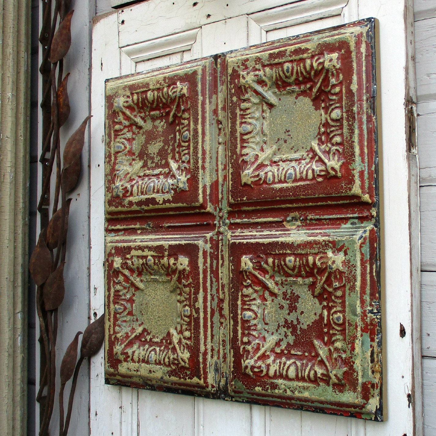 Tin Ceiling Tile Antique Architecture Salvage Wall Decor Tin 10 Anniversary Gift Old Barn Red Paint Rustic Farmhouse Ceiling Tin Art