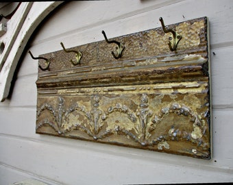 Rustic Coat Rack, Towel Rack, Kitchen Bath Coat Hooks, Antique Ceiling Tin Tile Panel, Architectural salvage.