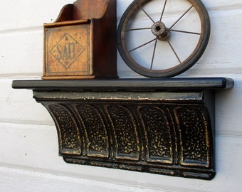 Architectural salvage wall shelf, 18", Antique Ceiling Tin Tile Shelf, Black Bathroom Kitchen bedroom storage