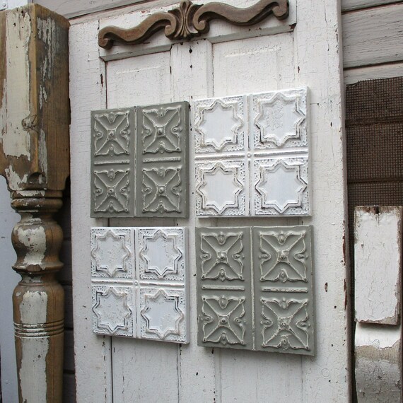 Tin Ceiling Tiles All 4 Framed Gray And White Industrial Pressed Tin Tiles Antique Architecture Salvage French Country Farmhouse Decor