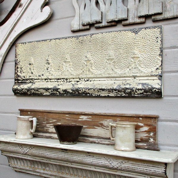 Antique pressed tin, Framed Tin Ceiling Tile. Old original chippy paint. Architectural salvage. Rustic decor.