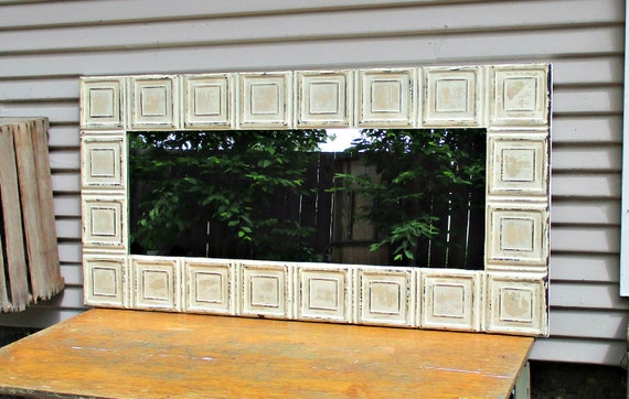 Tin Ceiling Mirror 2x4 Bedroom Bathroom Wall Mirror Architectural Salvage Old Weathered Paint Rustic Shabby French Country Decor
