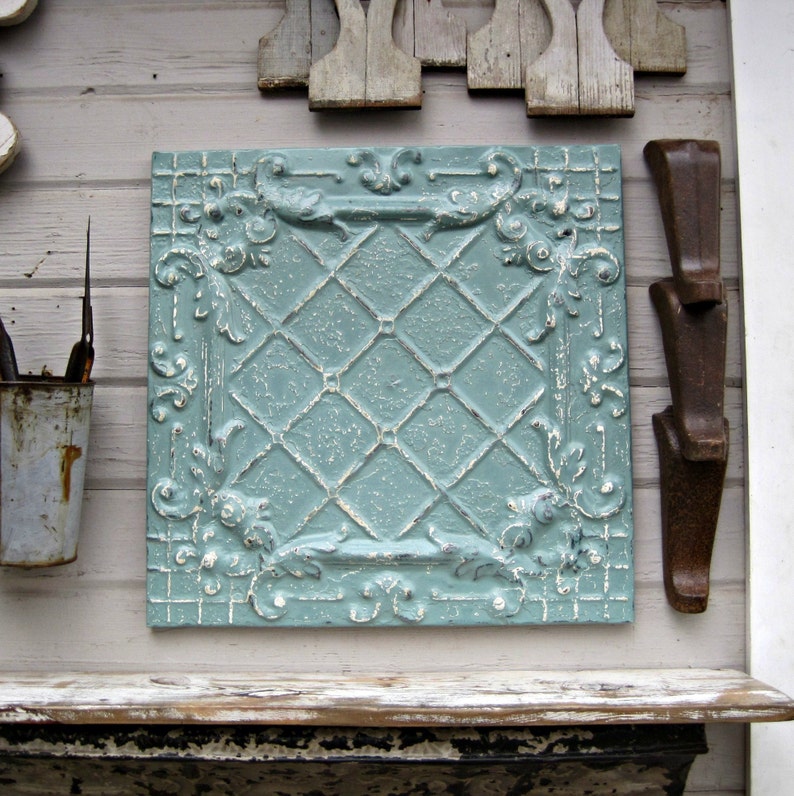 Antique Ceiling Tile 24 Vintage Architectural Salvage Wall Decor Aqua Turquoise Beach Wall Art Old Tin Ceiling Tile