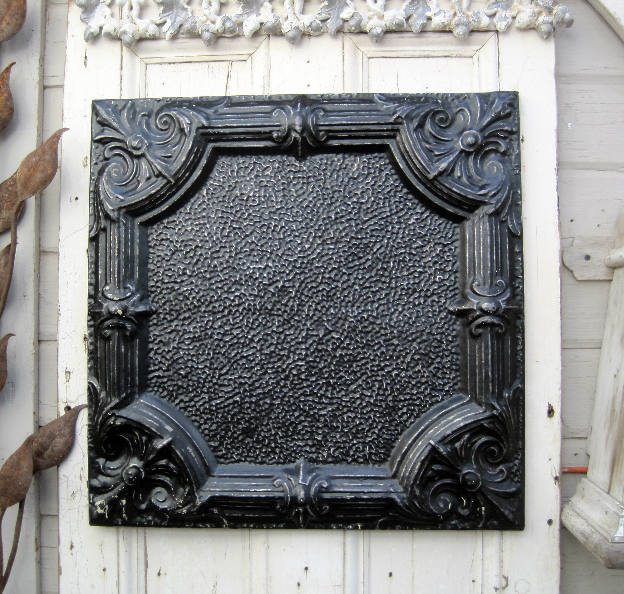 Tin Ceiling Tile Vintage Metal Wall Decor Antique Architectural Salvage 10th Anniversary Gift Office Decor Black Magnet Board