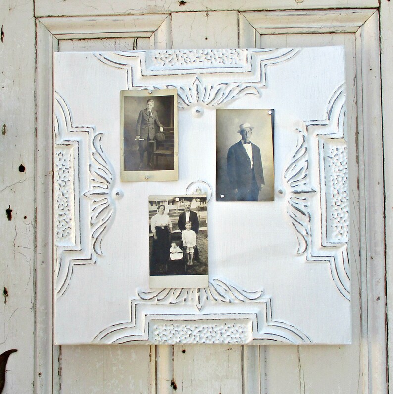 Vintage Tin Ceiling Tile 17 1 2 Antique Architectural Salvage Framed White Magnet Board Distressed Paint Office Decor Message Board