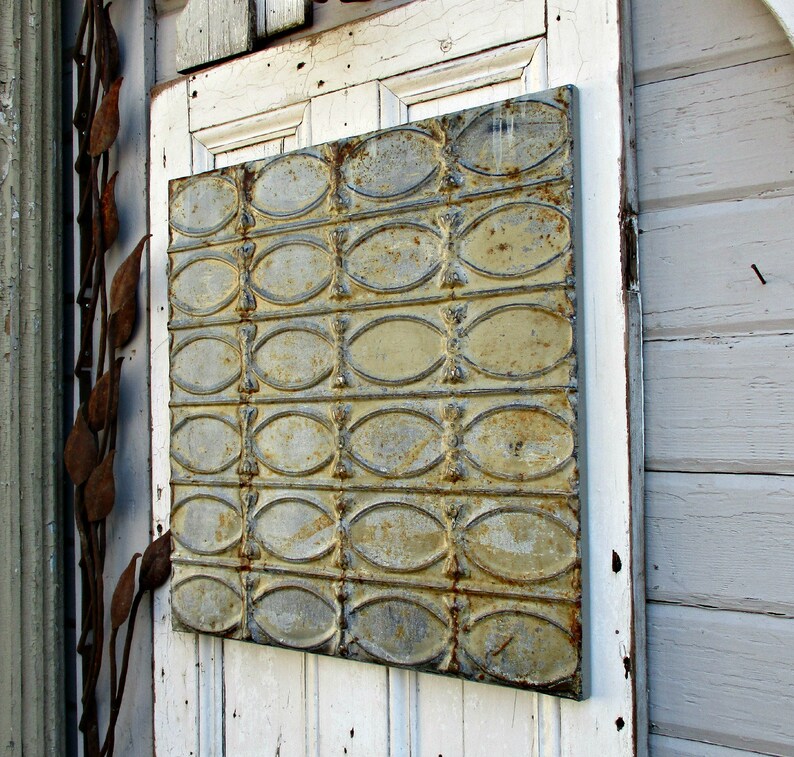 Ceiling Tin Tile Antique Architectural Salvage Wall Decor Rusty Gray Metal Tile Rustic Farmhouse Cabin Decor