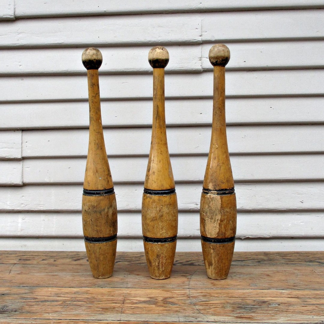 Antique Vintage Wooden Exercise Pins, Set of 3, Indian Club Primitive