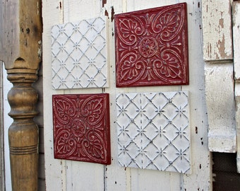 Antique Tin ceiling tiles, Set of 4, Architectural salvage wall art, Recycled vintage metal tiles, Red kitchen wall decor