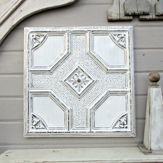 Antique Pressed Tin Panel 24 Framed Tin Ceiling Tile White Architecture Salvage Wall Art French Country Farmhouse Decor