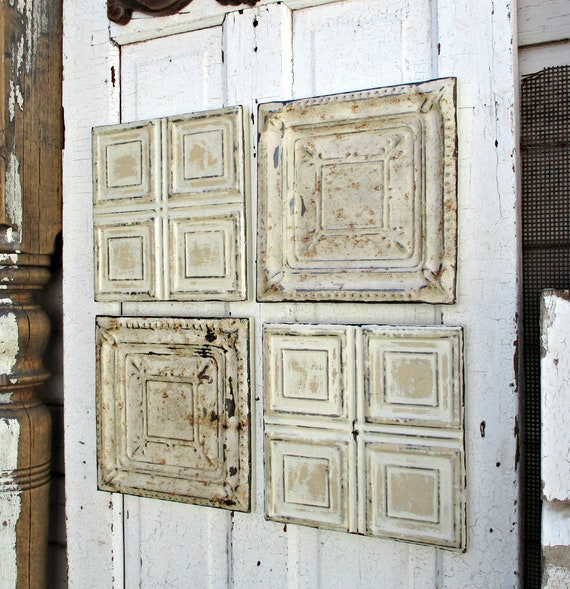 Tin Ceiling Tiles Set Of 4 12 X 12 Antique Architecture Salvage Art Old Original Paints Rustic Decor Shabby Dingy Off Whites