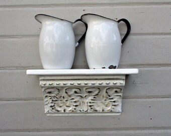 Antique ceiling tin white wall shelf, Architectural salvage, Bathroom kitchen storage, Small spice rack