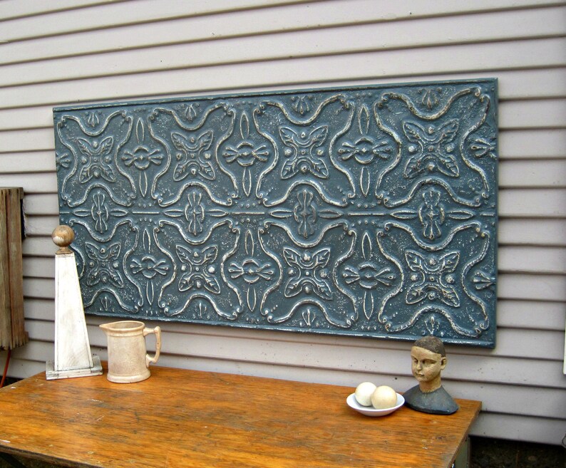 Antique Tin Ceiling Tile 2 X 4 Architectural Salvage Wall Decor Large Blue Art Vintage Metal Recycled Tin Anniversary Gift