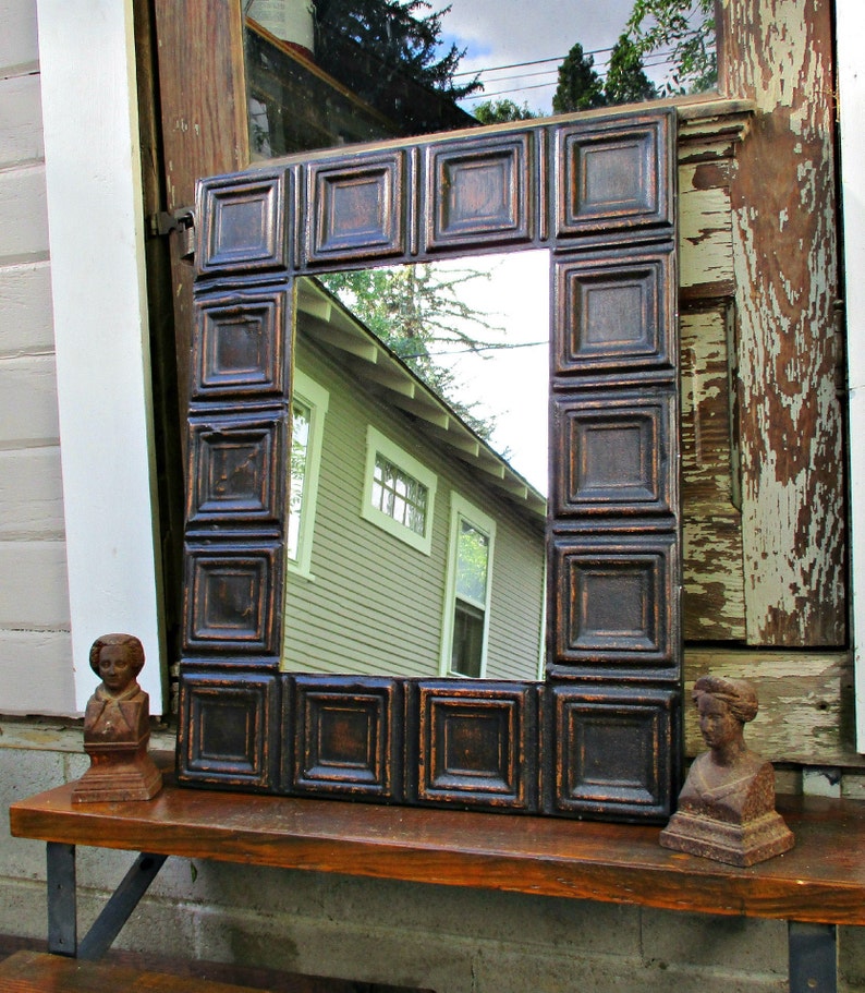 Tin Ceiling Tile Mirror Antique Architectural Salvage Black Wall Mirror Bathroom Bedroom Mirror Industrial Wall Decor