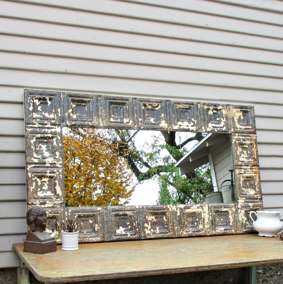 Rustic Wall Mirror Tin Ceiling Tiles Bedroom Bathroom Wall Mirror Architectural Salvage Shabby French Country Decor