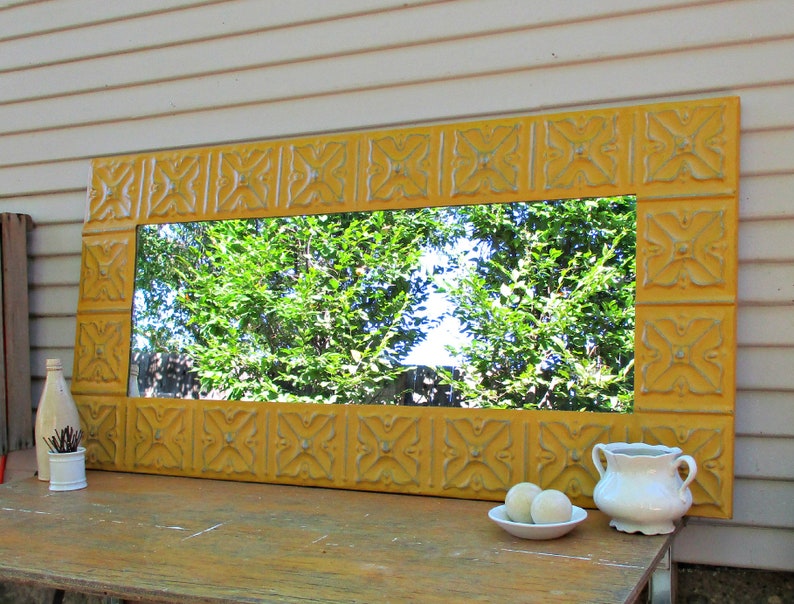Tin Ceiling Tile Mirror Antique Architectural Salvage Gold Mustard Yellow Wall Mirror Bathroom Bedroom Entryway Mirror Metal Tile Mirror
