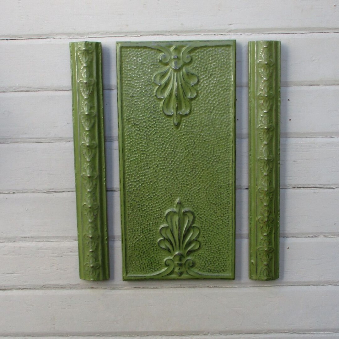 Architectural Salvage Wall Art, Set of 3 Old Tin Ceiling Tiles, Green