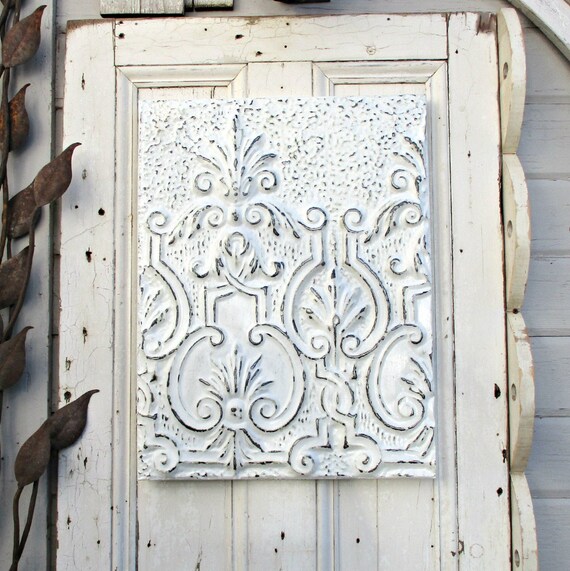 Antique Tin Ceiling Tile Framed Ready To Hang Vintage Architectural Salvage Rustic White Distressed Farmhouse Wall Decor