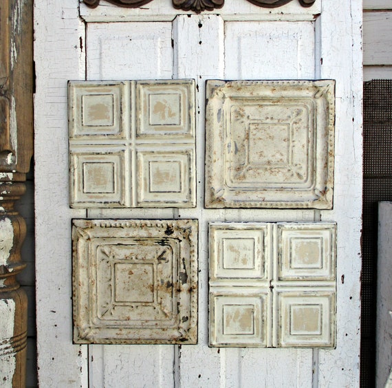 Tin Ceiling Tiles Set Of 4 12 X 12 Antique Architecture Salvage Art Old Original Paints Rustic Decor Shabby Dingy Off Whites