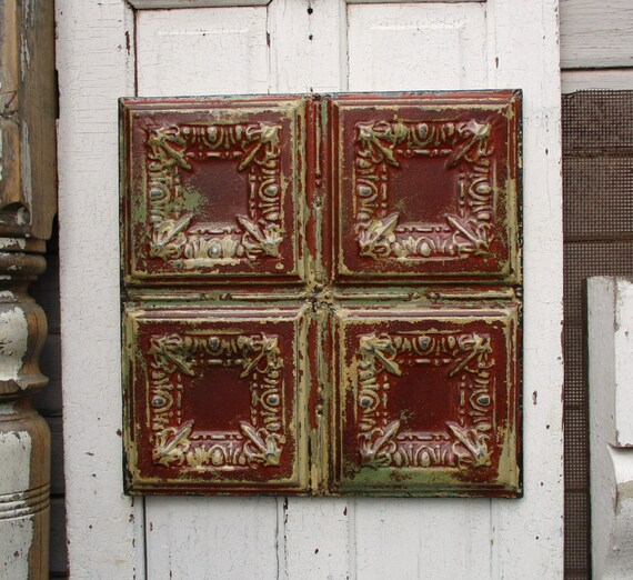 Tin Ceiling Tile Antique Architecture Salvage Wall Decor Tin 10 Anniversary Gift Old Barn Red Paint Rustic Farmhouse Ceiling Tin Art