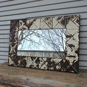 Rustic wall mirror, 35 1/2", Tin ceiling Tiles, Bedroom Bathroom Vanity Mirror, Architectural salvage, Primitive French country decor.