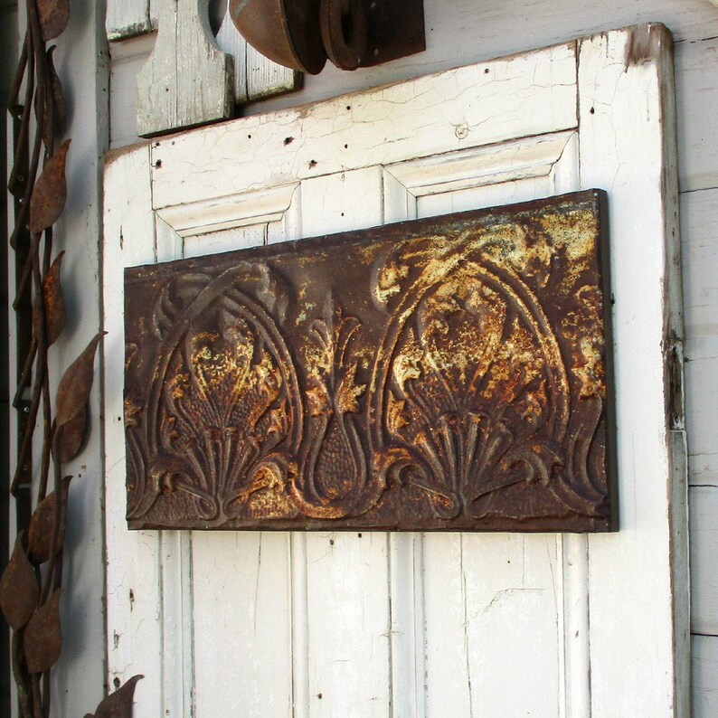 Tin Ceiling Tile Antique Architectural Salvage Rusty Metal Tile Rustic Farmhouse Primitive Cabin Decor