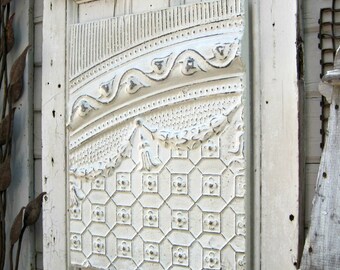 Antique Ceiling Tin Tile, FRAMED, Ready to Hang. Large off white metal wall art. Tin 10 anniversary gift, Oklahoma architectural salvage.