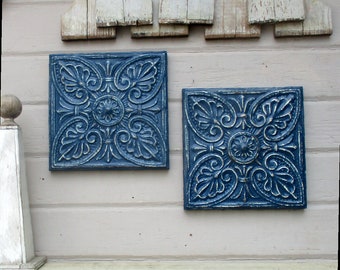 Antique Tin ceiling tiles, SET of 2, Architectural salvage wall decor, Small artwork, Dark blue indigo